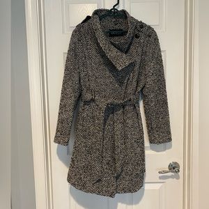 Guess Black and White Tweed Belted Pea Coat